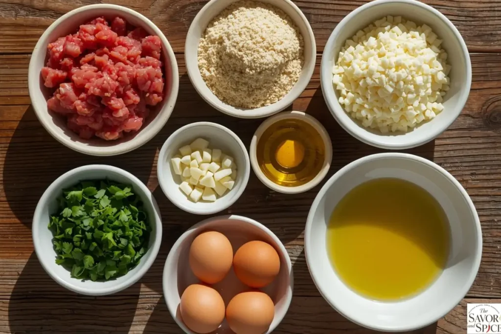 Ingredients for garlic Parmesan Italian meatballs on table: eggs, breadcrumbs, parsley, Parmesan, ground meat.
