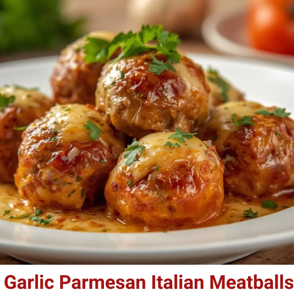 Garlic Parmesan Italian meatballs cooked in a creamy garlic sauce with herbs and cheese.