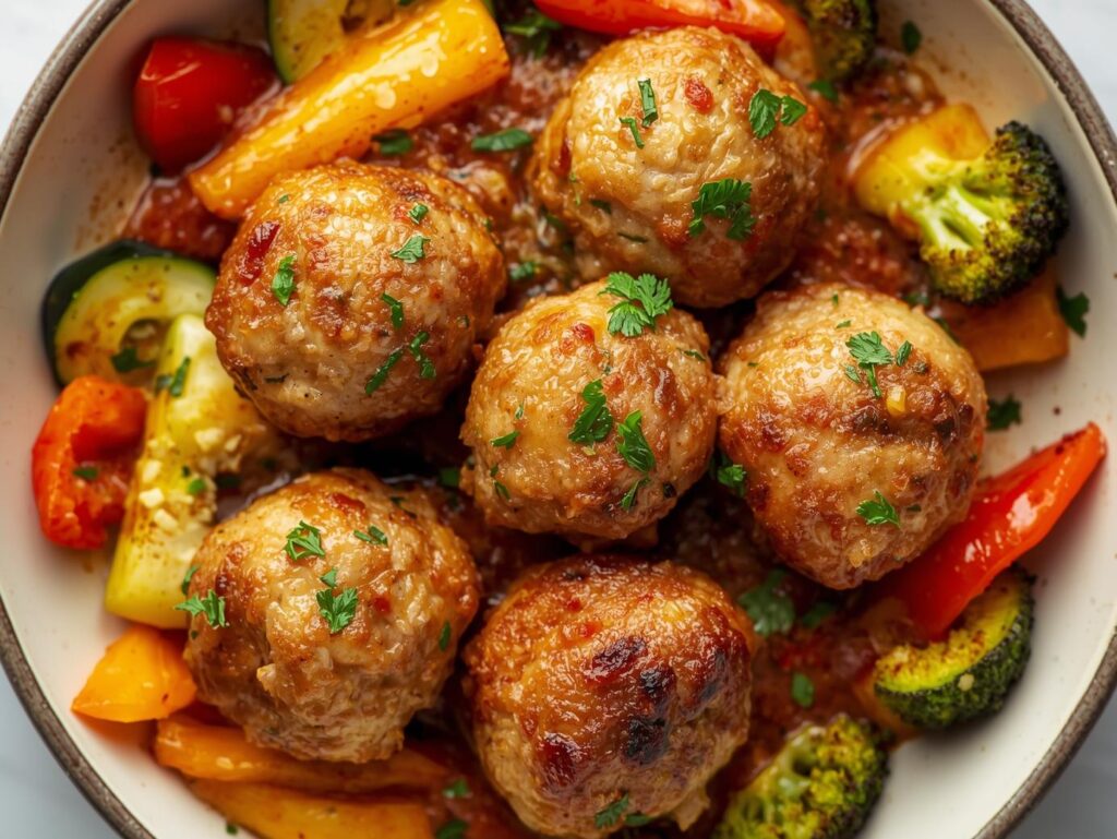 Garlic Parmesan meatballs with roasted vegetables in a bowl.