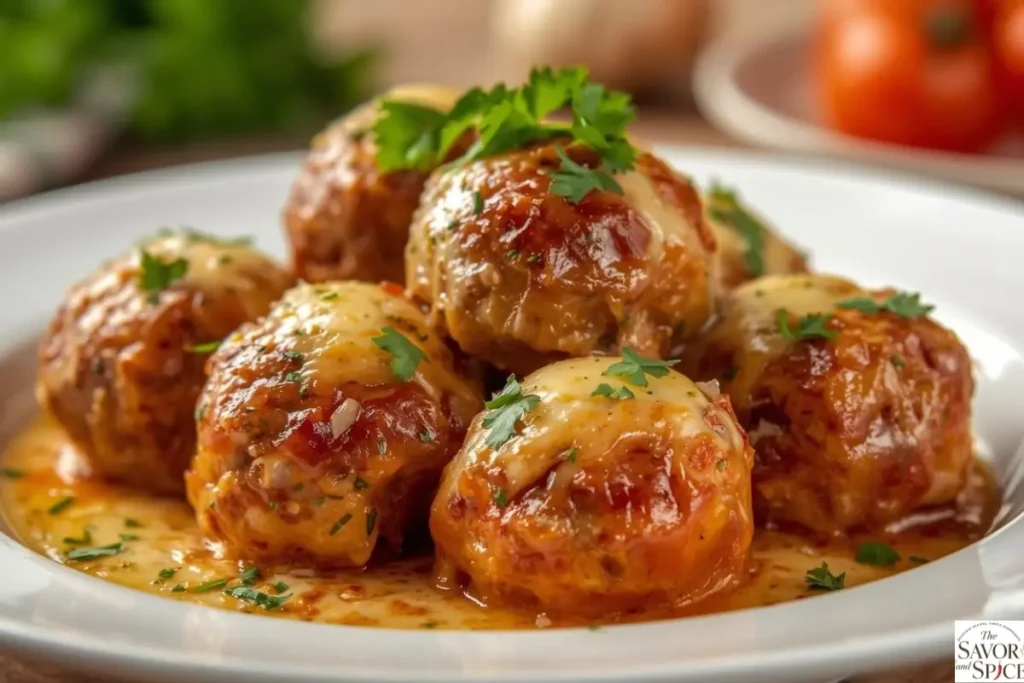 Tender garlic Parmesan Italian meatballs recipe served on a plate with parsley garnish.