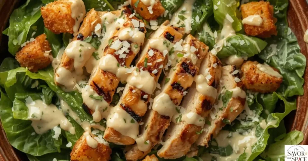 Healthy Healthy Chicken Caesar Salad  High Protein with grilled chicken, romaine lettuce, and parmesan in a white bowl.