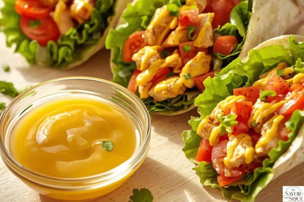 Honey mustard sauce in a bowl served with chicken sandwich.