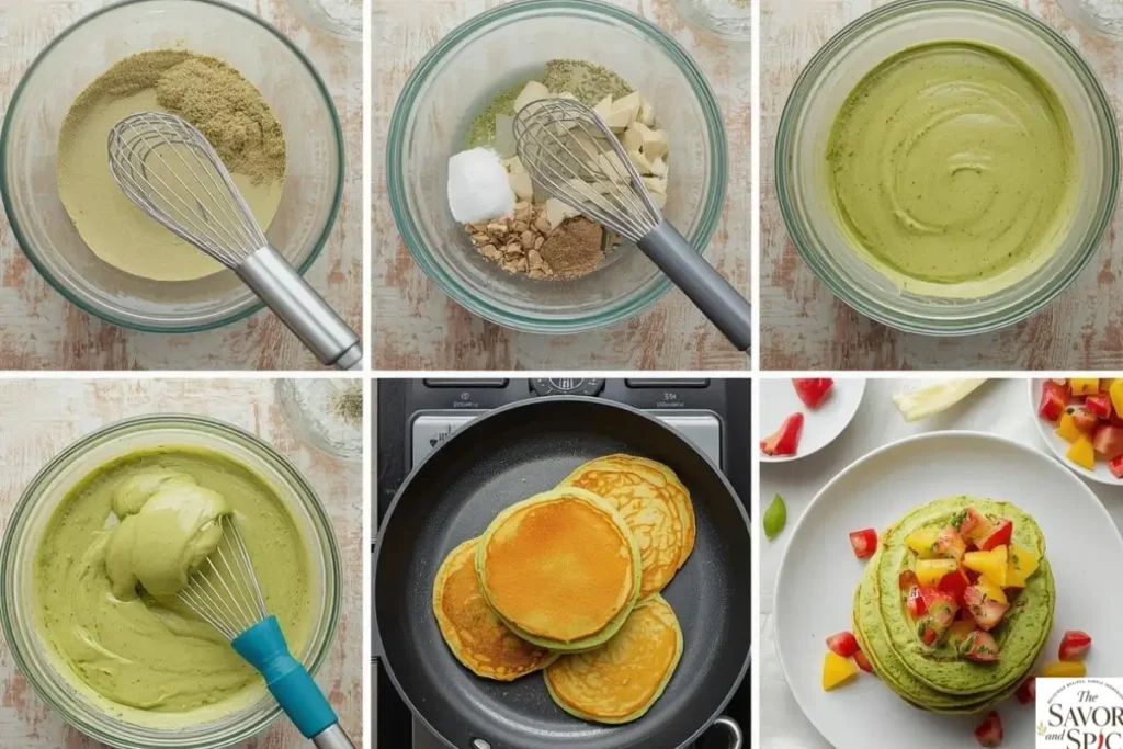 Step-by-step collage showing preparation of Matcha Chia Pancakes: whisking dry ingredients, mixing wet ingredients, combining batter, cooking on a skillet, and stacking with tropical fruit salsa.