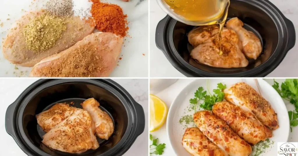 Collage showing step-by-step process of making juicy crockpot chicken breast from seasoning to serving.