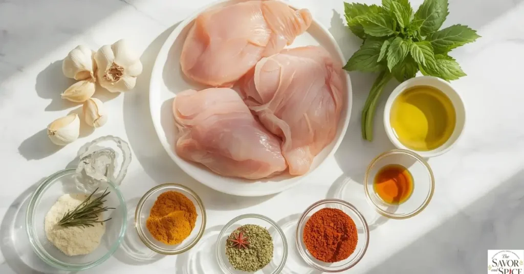 Simple ingredients for slow cooker chicken breast recipe displayed in bowls with fresh herbs and spices