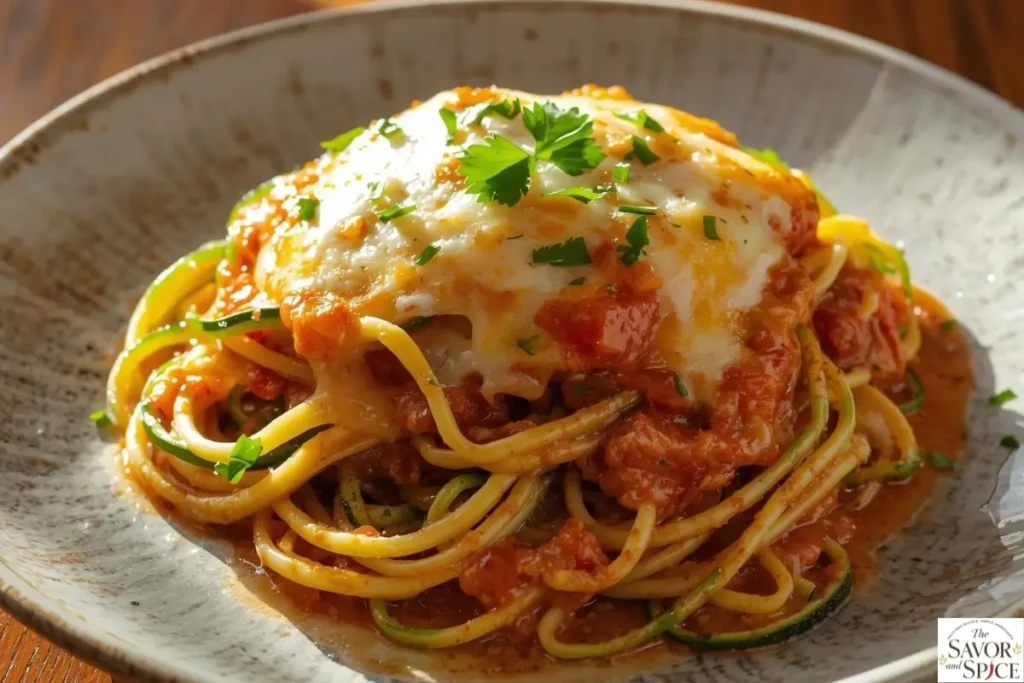 Low-carb Million Dollar Spaghetti with zucchini noodles and melted cheese.