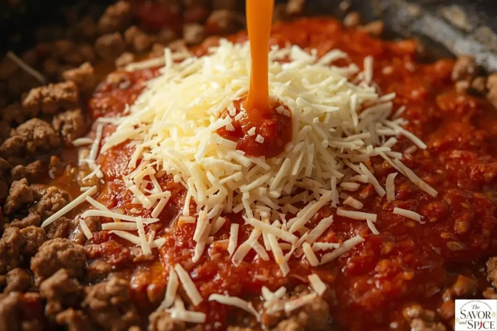 Cream cheese and tomato sauce being mixed with meat for creamy Million Dollar Spaghetti sauce.