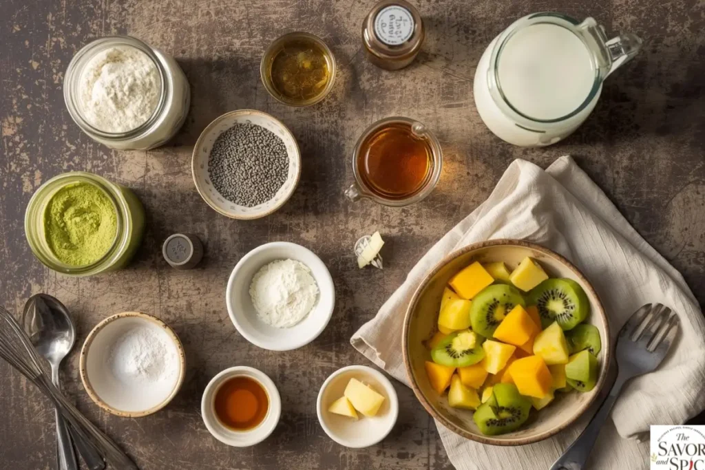 Top-down view of ingredients for Matcha Chia Pancakes including flour, matcha powder, chia seeds, baking powder, milk, eggs, maple syrup, vanilla, melted butter, and diced tropical fruits in bowls.