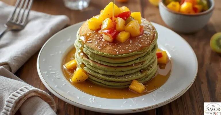 Stack of fluffy Matcha Chia Pancakes topped with tropical fruit salsa, mango, pineapple, and kiwi, drizzled with maple syrup on a white plate with rustic wooden background.