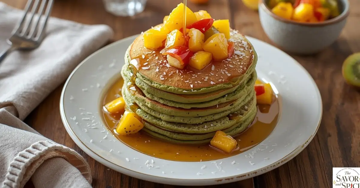 Stack of fluffy Matcha Chia Pancakes topped with tropical fruit salsa, mango, pineapple, and kiwi, drizzled with maple syrup on a white plate with rustic wooden background.