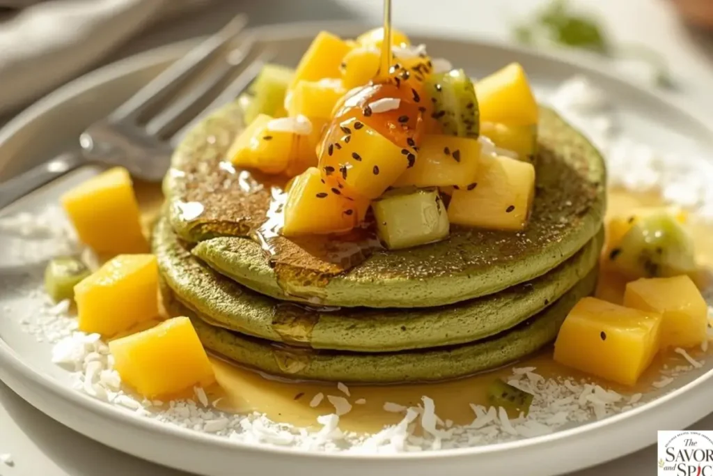 Single fluffy Matcha Chia Pancake topped with tropical fruit salsa, mango, pineapple, and kiwi, drizzled with maple syrup on a white plate.