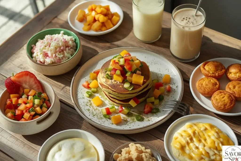 Brunch spread featuring Matcha Chia Pancakes with tropical fruit salsa, Ambrosia Salad, Russian Blinis, Cheesy Spinach Puff Bites, scrambled eggs, and a glass of Mexican Horchata on a rustic wooden table.