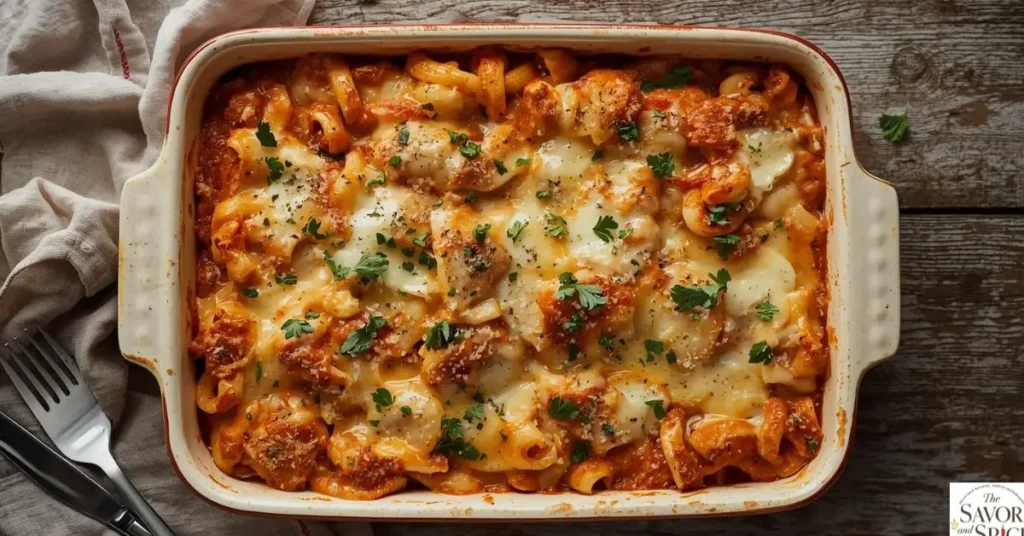 Million Dollar Spaghetti baked casserole topped with melted cheese and parsley, served in a rustic baking dish.