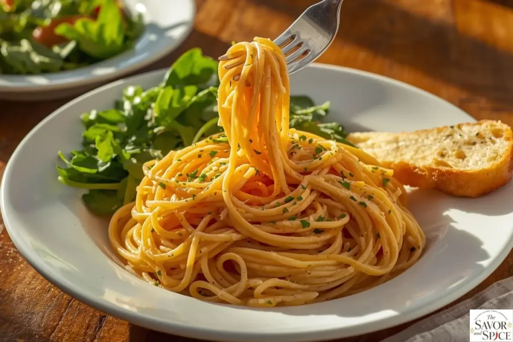 Served portion of Million Dollar Spaghetti garnished with parsley, ready to eat.