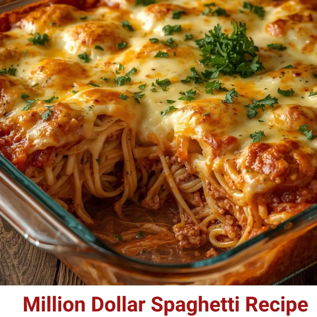 Million Dollar Spaghetti recipe baked with layers of pasta, creamy cheese, and rich meat sauce.