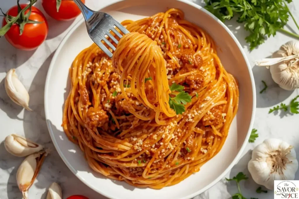 Creamy Million Dollar Spaghetti  recipe served on a plate with ingredients around, showing cheesy pull.