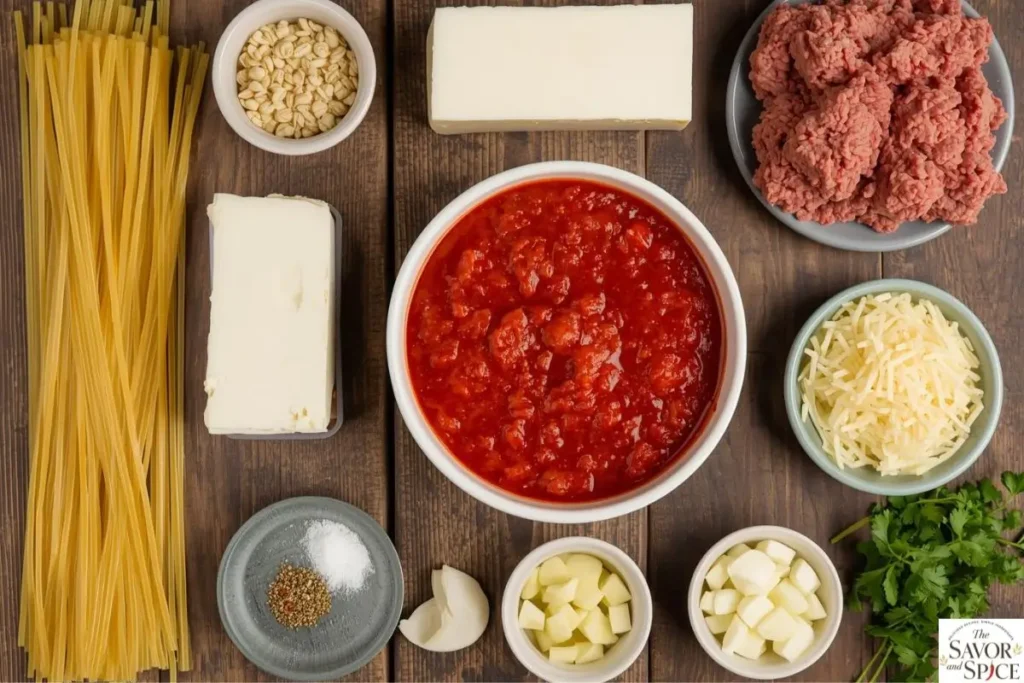 All ingredients needed to make Million Dollar Spaghetti laid out on a wooden table.