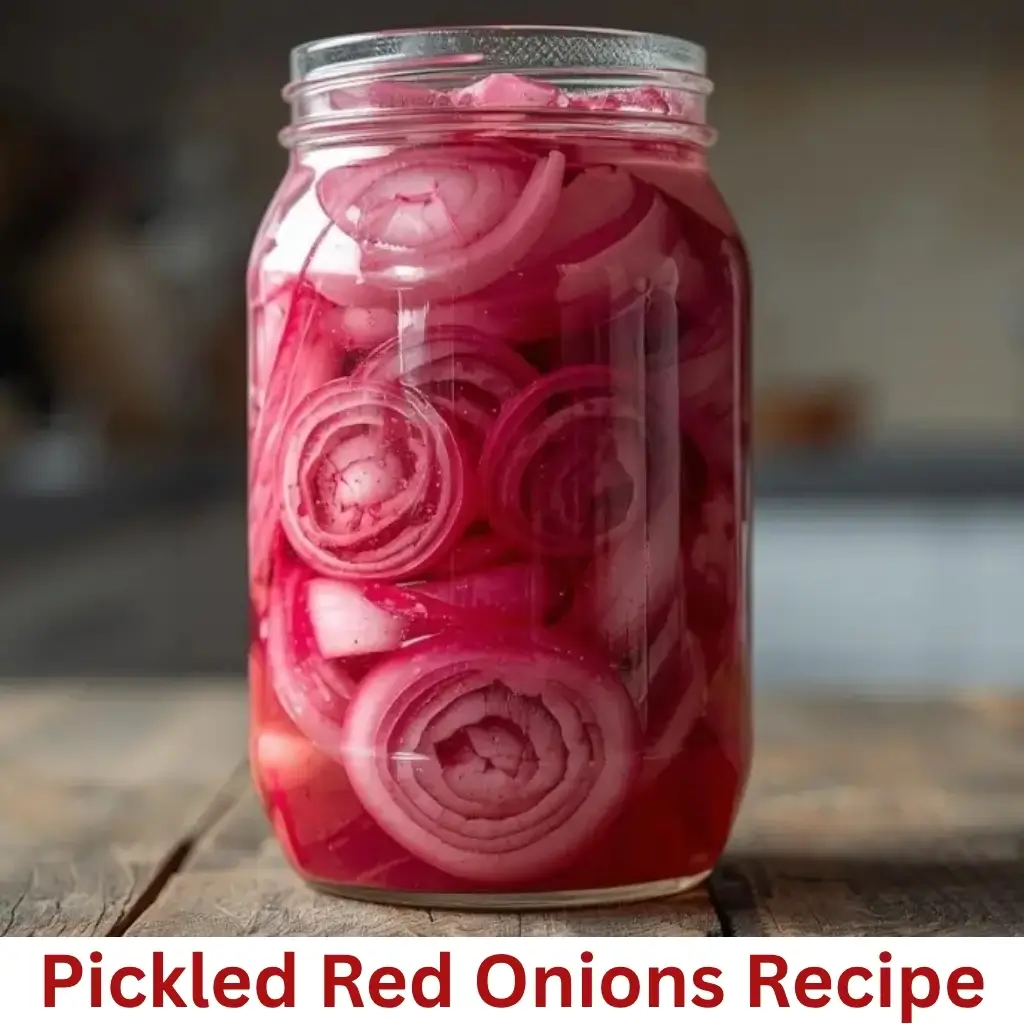 Pickled red onions in a glass jar with vinegar, spices, and herbs.