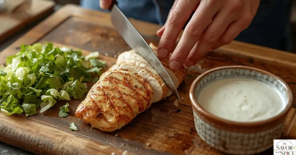 Slicing grilled chicken breast for healthy Caesar salad preparation