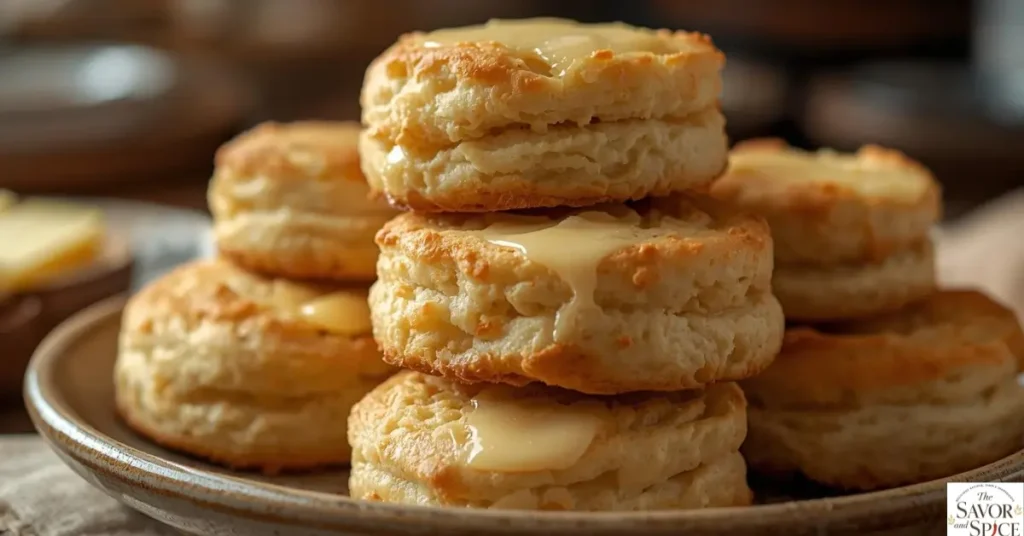 Flaky sourdough biscuits brushed with butter served as a soft and savory sourdough discard recipe.