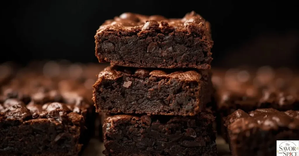Fudgy sourdough brownies made with discard starter showing rich chocolate texture.