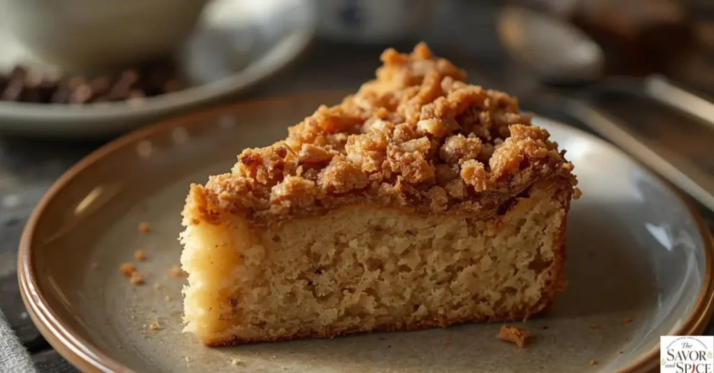 Sourdough coffee cake with crumb topping served as a soft and sweet discard recipe.