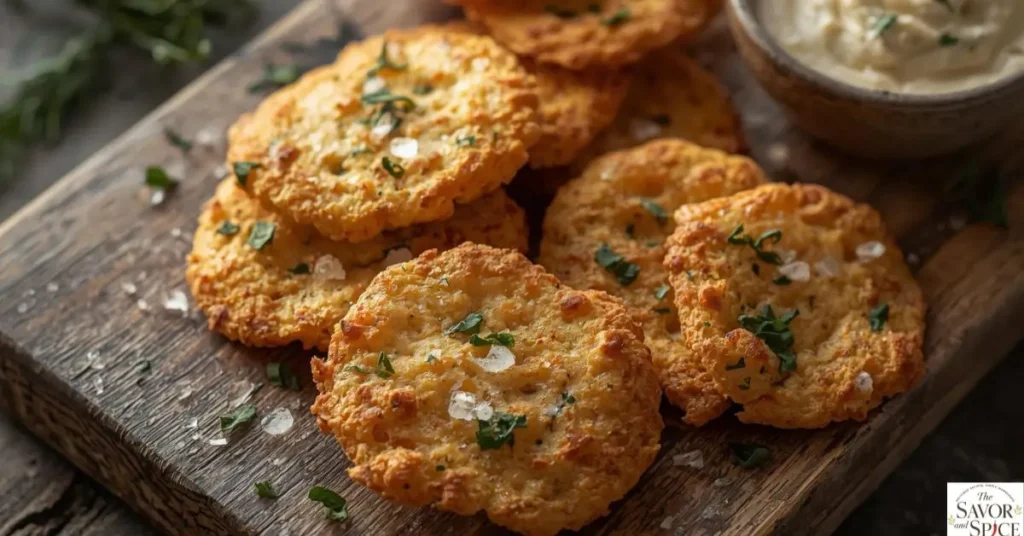 Crispy sourdough discard crackers with herbs and sea salt served on a wooden board with dip as a savory snack.