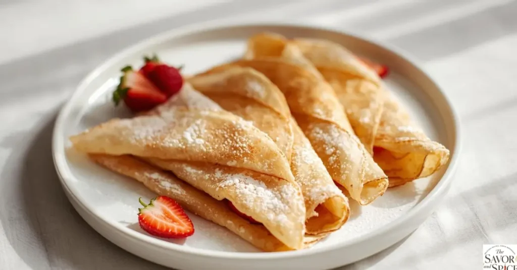 Sourdough discard crepes folded elegantly on a white plate, filled with fresh strawberries and a light dusting of powdered sugar,