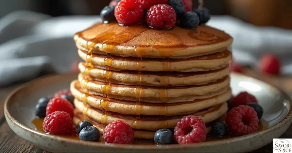 Fluffy sourdough discard pancakes - sourdough discard recipe - stacked with maple syrup and fresh berries for an easy breakfast recipe.