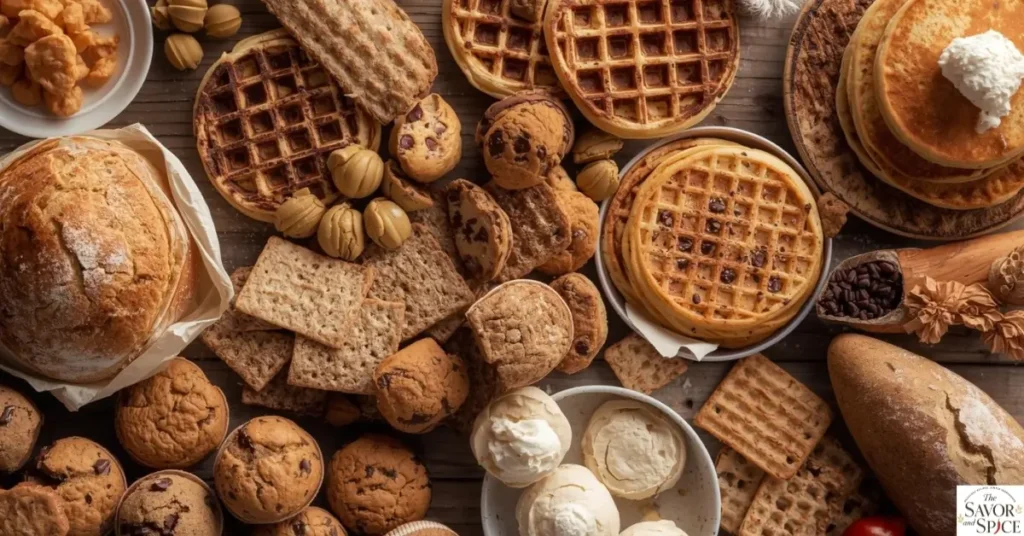 A variety of sourdough discard recipes including pancakes, muffins, crackers, and cookies arranged on a wooden table.