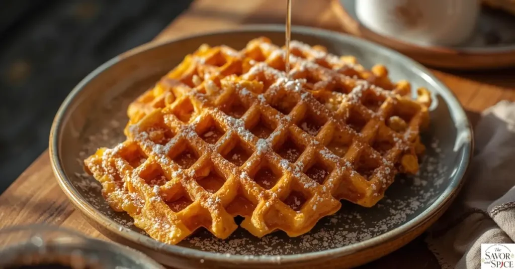 Crispy golden sourdough discard waffles topped with powdered sugar served as an easy breakfast recipe.