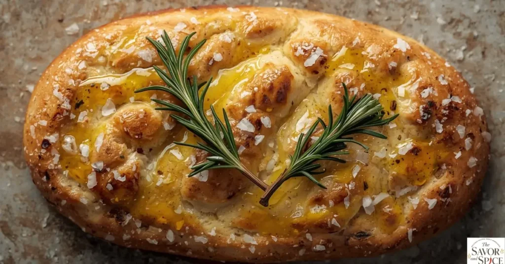 Sourdough focaccia bread with olive oil and herbs showing golden crust and soft texture.