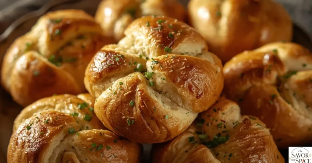 Soft sourdough garlic knots with butter and herbs served as a savory side dish.