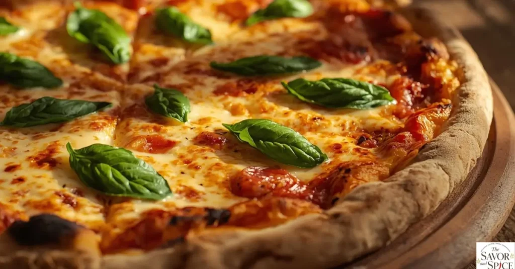 Homemade sourdough pizza with crispy crust and melted cheese made using sourdough discard dough recipe.