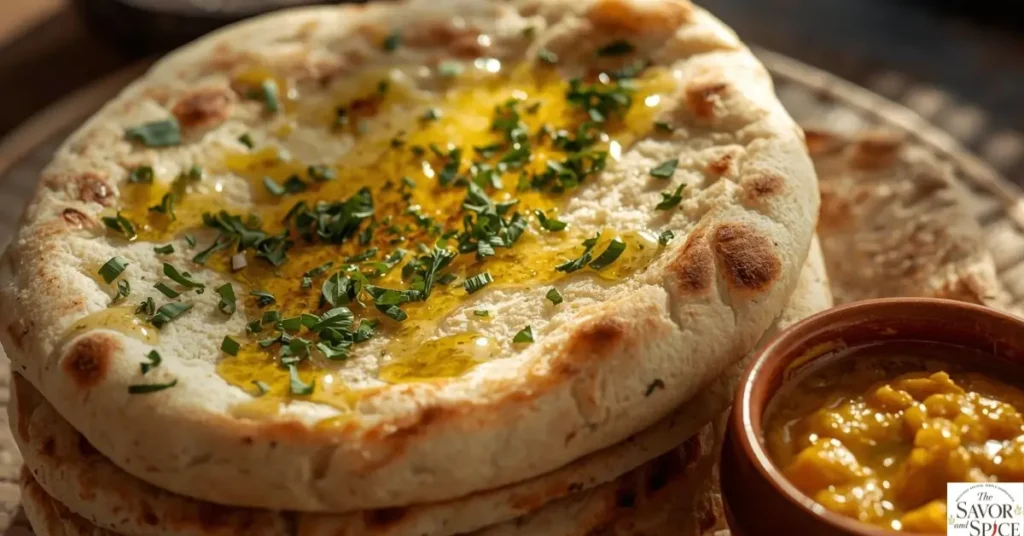 Soft sourdough flatbread with light char marks served with dip as an easy savory sourdough discard recipe.