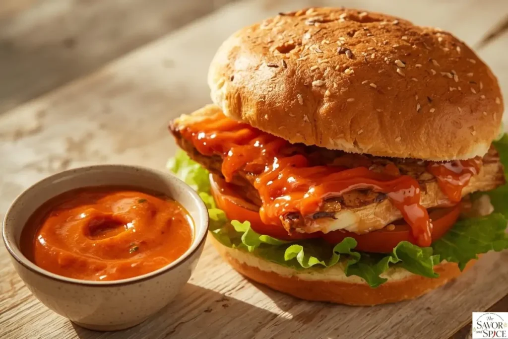 Spicy chipotle sauce in a bowl served with grilled chicken sandwich.