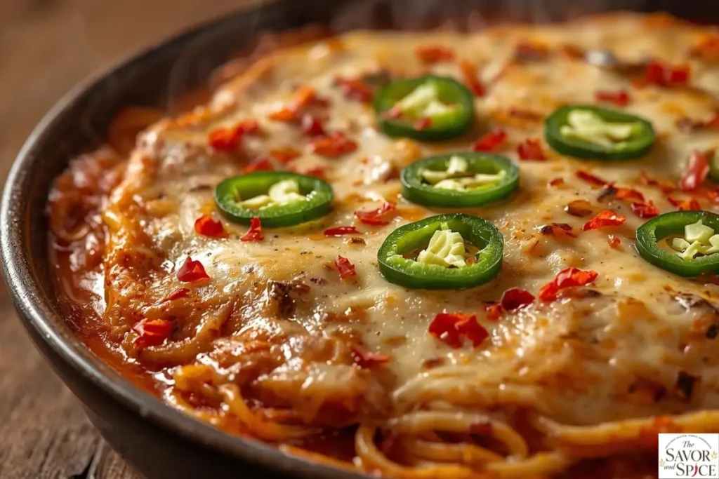 Spicy Million Dollar Spaghetti topped with red chili flakes and jalapeños.