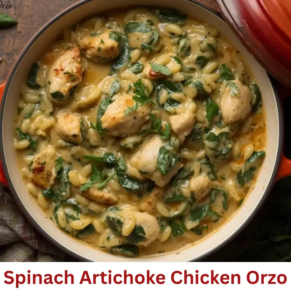 Spinach artichoke chicken orzo cooked in a creamy sauce with tender chicken and herbs.