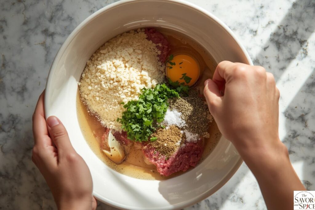 Mixing ground beef and ingredients for garlic Parmesan Italian meatballs.