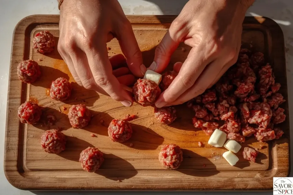 Rolling meat mixture into garlic Parmesan Italian meatballs.