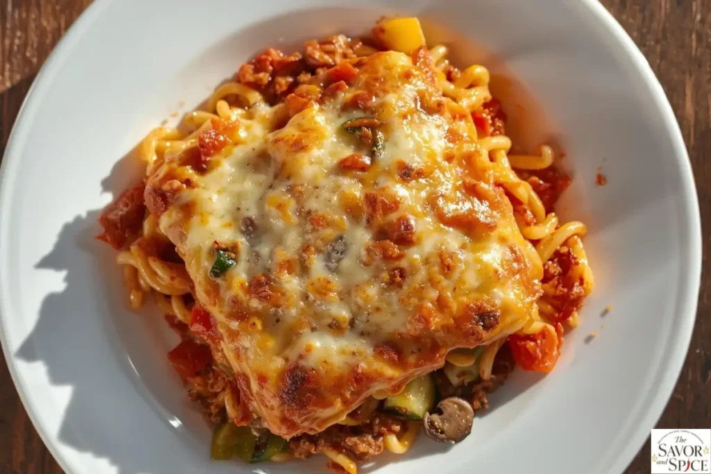 Vegetarian Million Dollar Spaghetti with mushrooms, zucchini, bell peppers, and melted cheese on top.