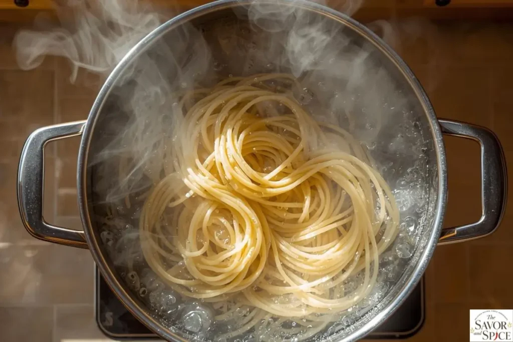 Spaghetti cooking in boiling water for Million Dollar Spaghetti recipe.