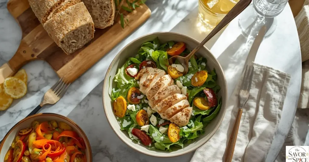 Healthy chicken Caesar salad served with sides like bread, roasted vegetables, and lemon wedges.