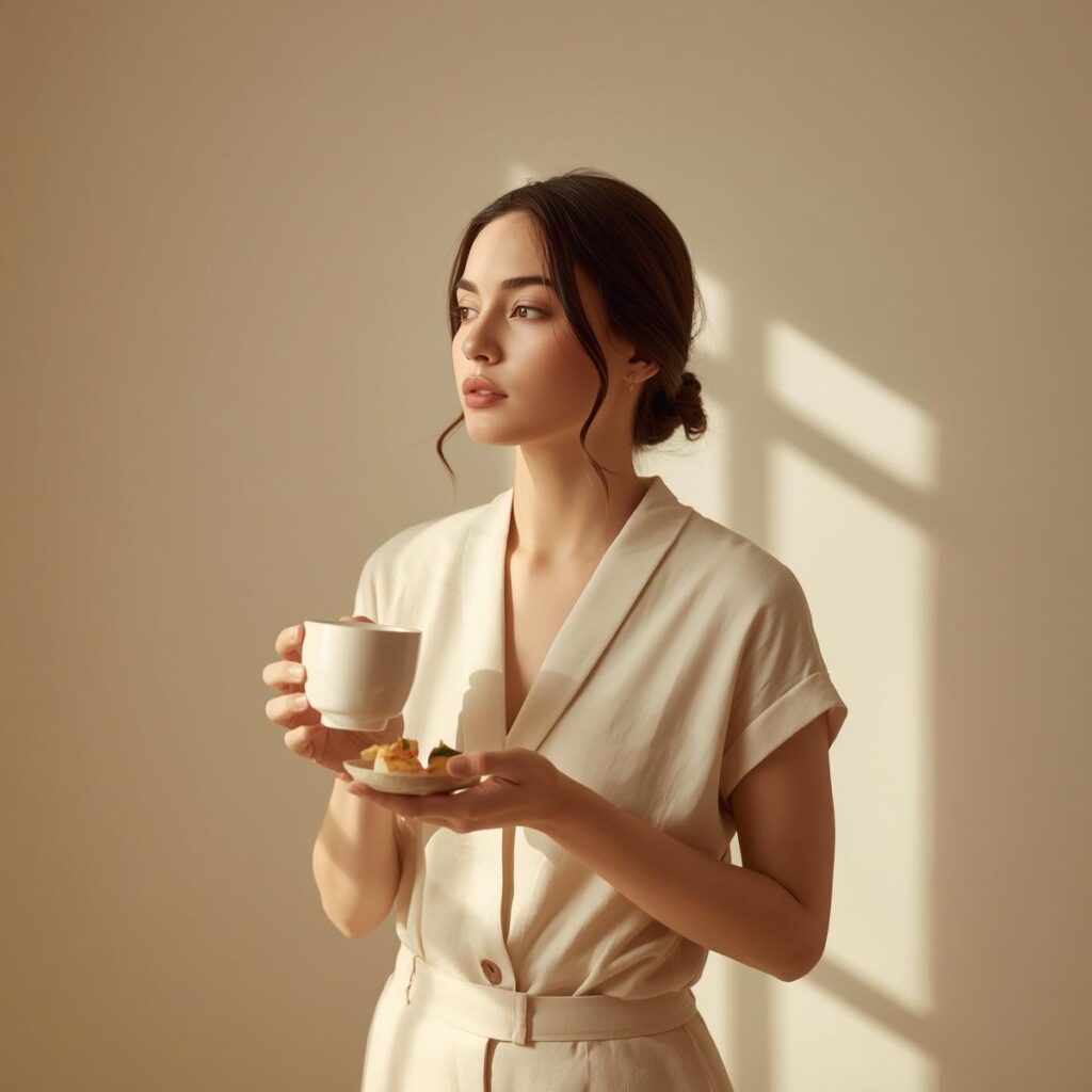Smiling home chef in cozy kitchen with homemade meal.
