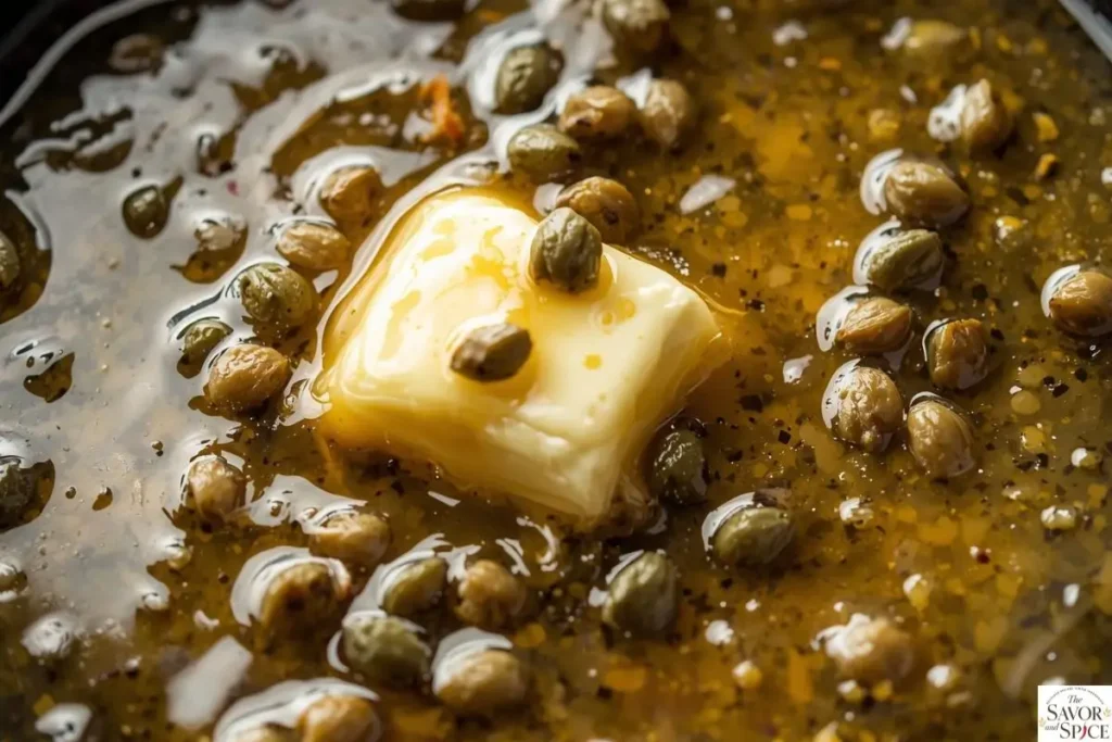 Butter and capers added to lemon sauce for Italian chicken piccata.