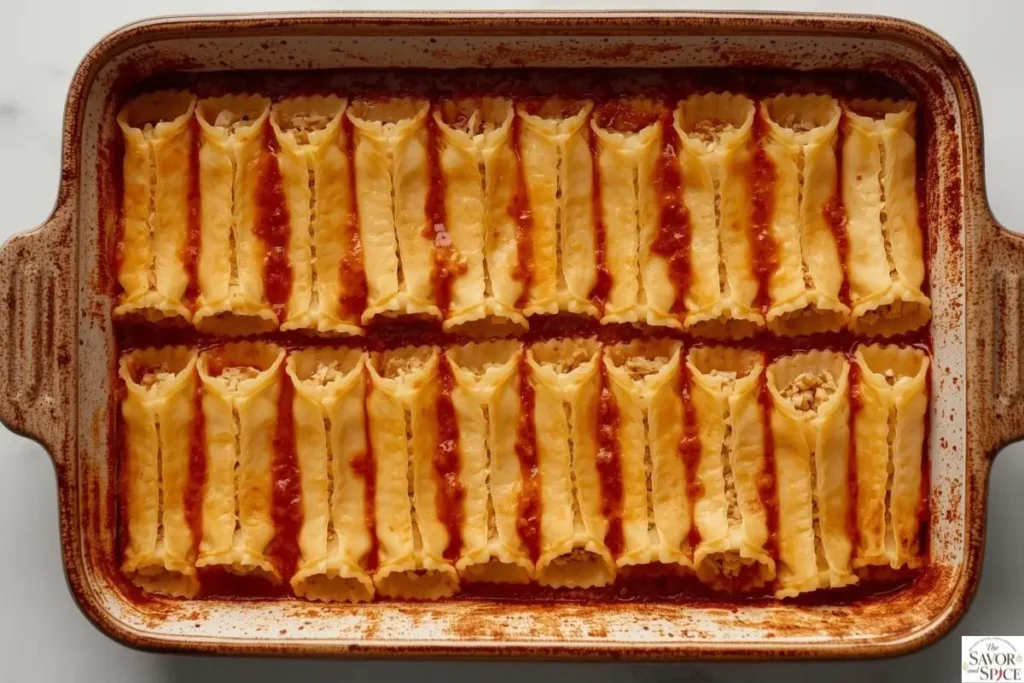 Stuffed manicotti arranged in baking dish over marinara sauce before baking.