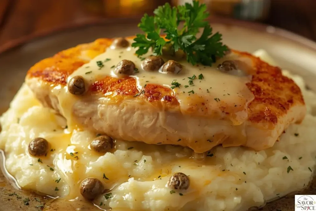 Creamy chicken piccata served over mashed potatoes with lemon butter caper sauce.