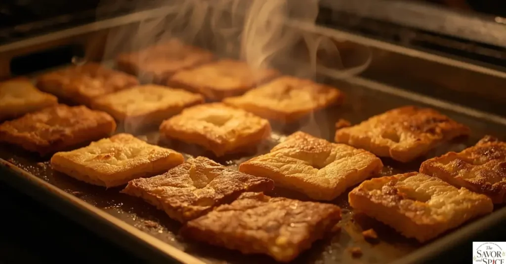 Freshly baked golden sourdough discard crackers on baking tray.