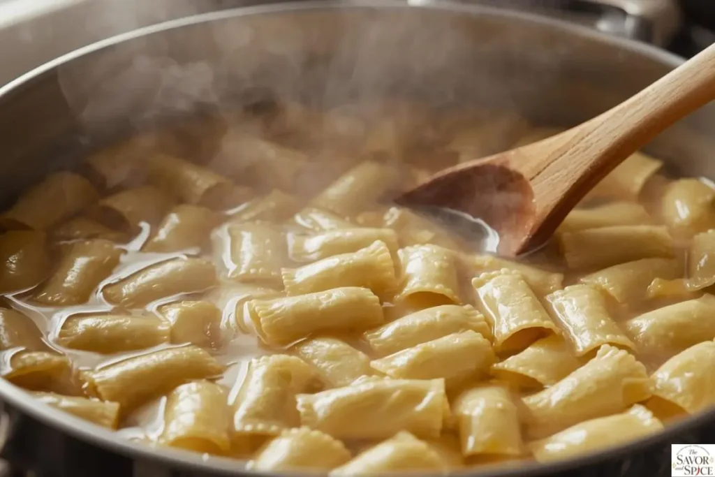 Boiling manicotti pasta shells in a pot for the Italian manicotti recipe.