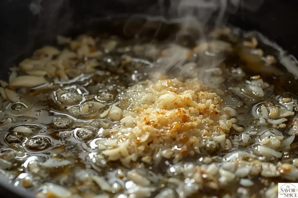 Lemon garlic broth being added to skillet to build sauce for chicken piccata.